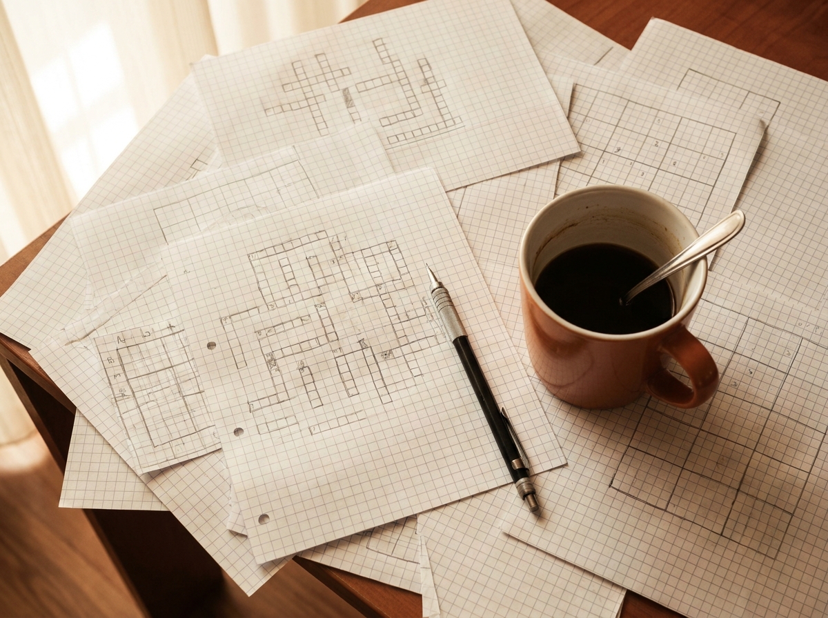 A desk covered in early puzzle-grid sketches, a pencil and a coffee mug