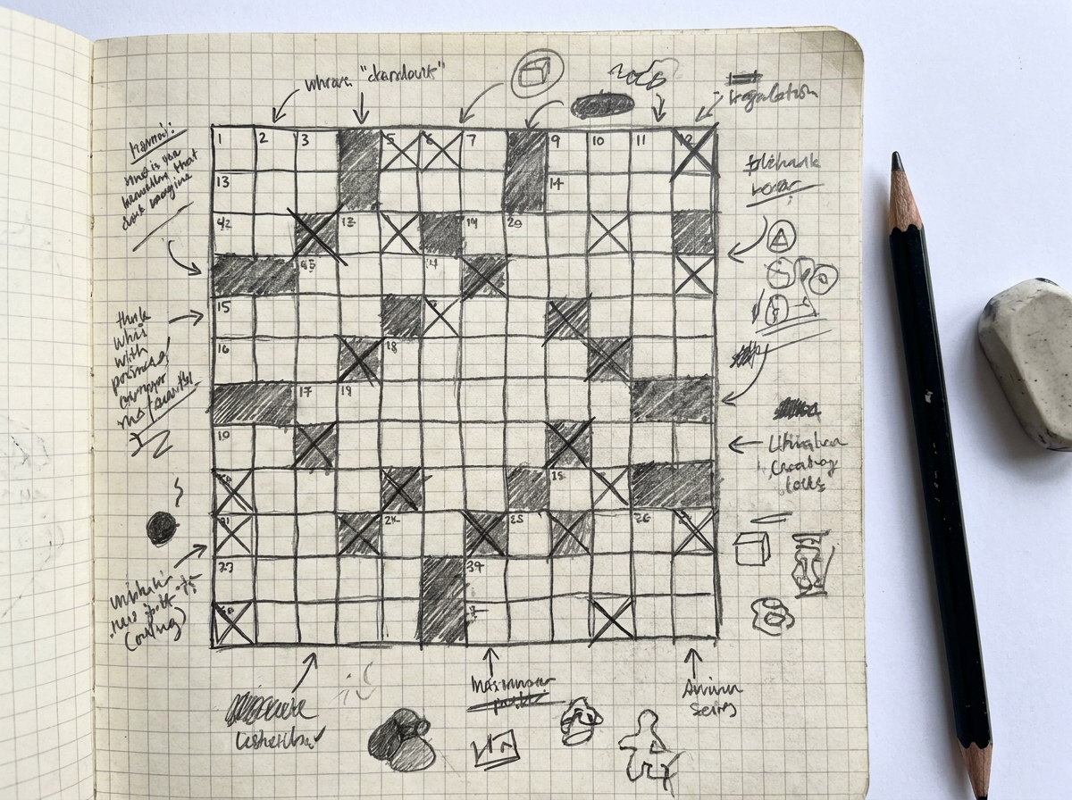 A rough hand-drawn crossword grid draft on graph paper with margin notes