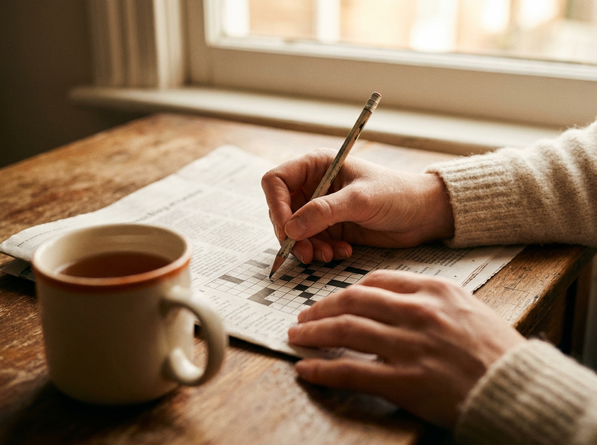 Hands filling in a puzzle page with a pencil during a testing session