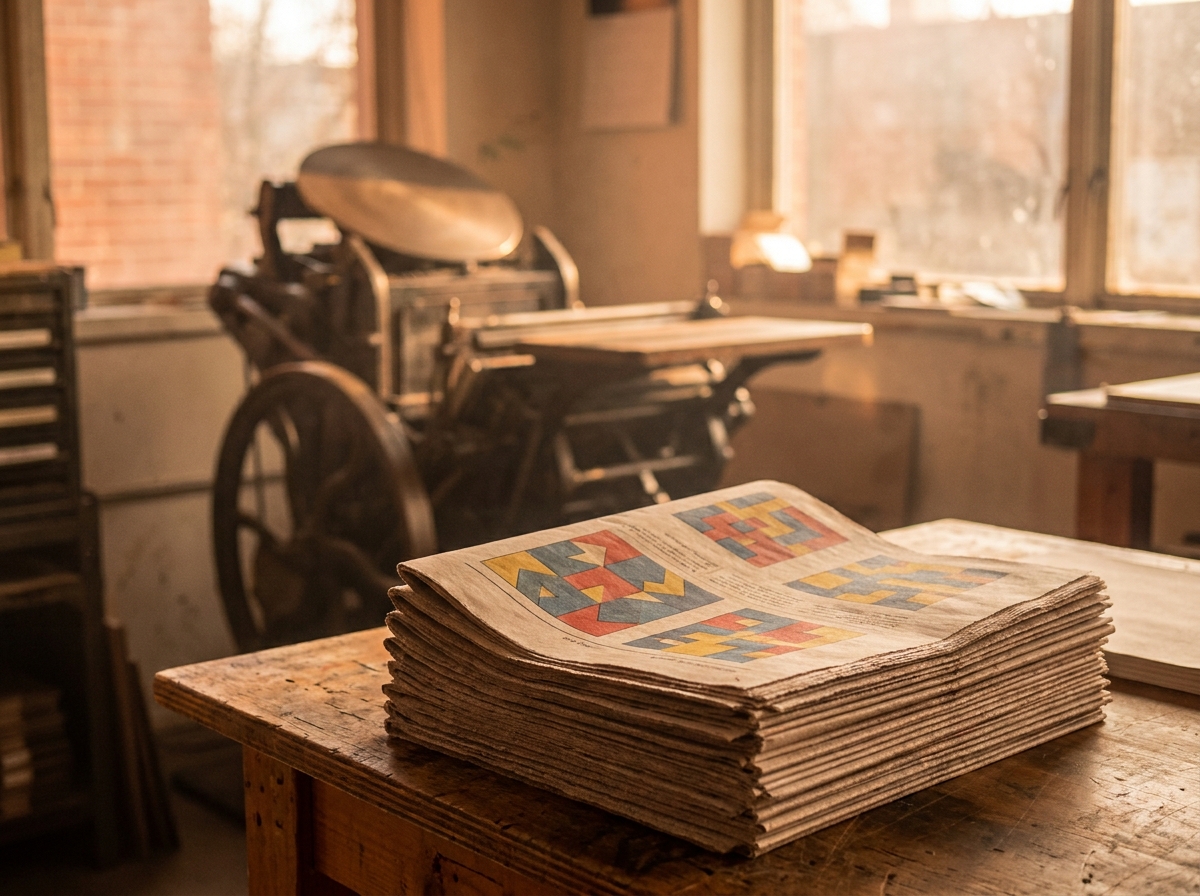 Freshly printed newspaper issues stacked at the print shop